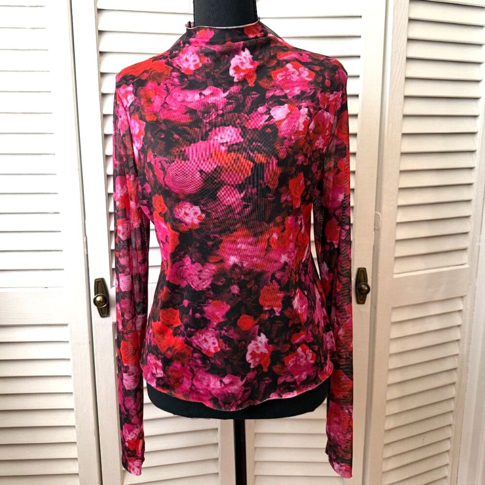 Steve Madden Romantic Goth Floral Sheer Mesh Long Sleeve Mock Neck Top Size L